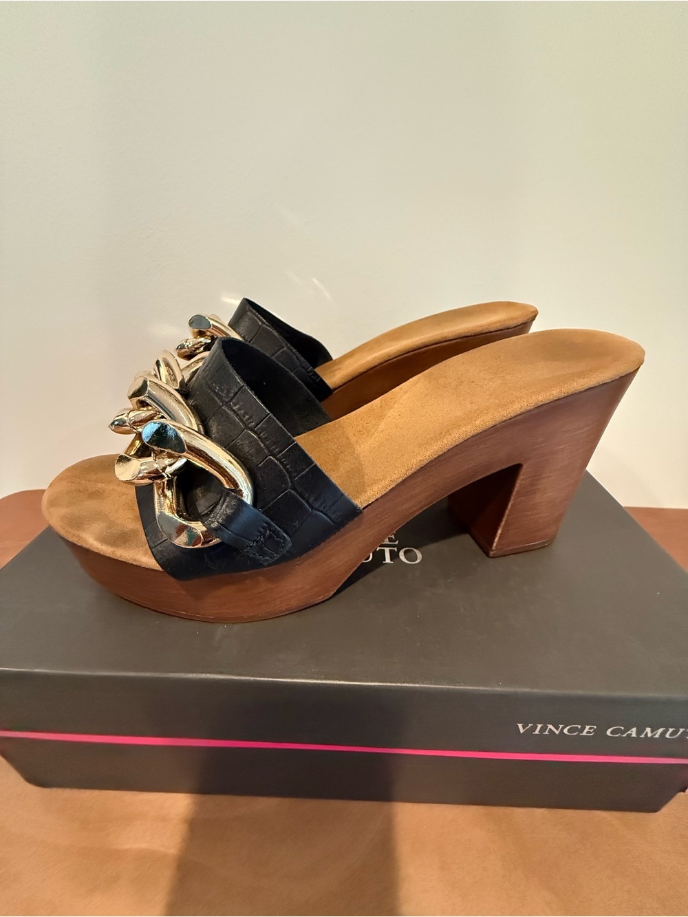 Vince Camuto Black Leather Chain-Trim Platform Mule